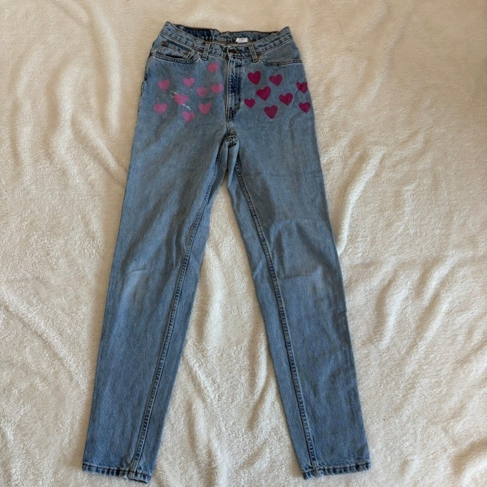 Levis‎ 512 Red Tag Jeans 28x32 Miss 11 L Pink Hearts Custom Painted Denim